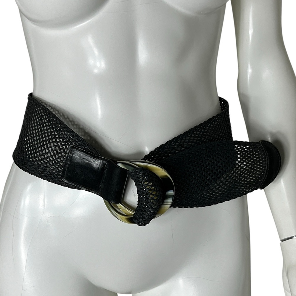 VTG Carlisle Black Woven Textile Webbing Belt Faux Tortoise Shell D-Ring Medium